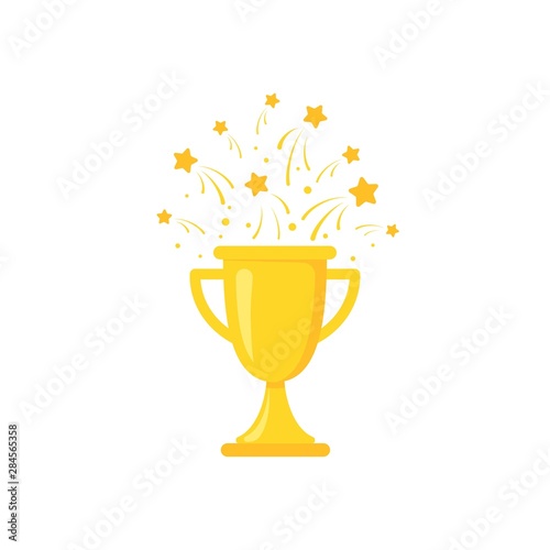 Gold trophy, winning cup with firework stars isolated on white background. First place, award bowl.