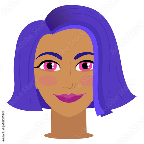 Woman with bright pink eyes, lenses. Violet