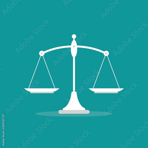 White mechanical scales balance icon isolated on blue. Justice, law scale.