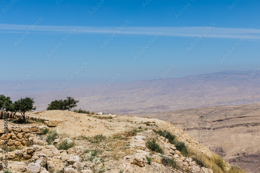 Mount Nebo, Jordan. The view from the summit provides a panorama of the land and, to the north, a more limited one of the valley of the River Jordan. Mount Nebo, Jordan. The view from the summit provides a panorama of the land and, to the north, a more limited one of the valley of the River Jordan.