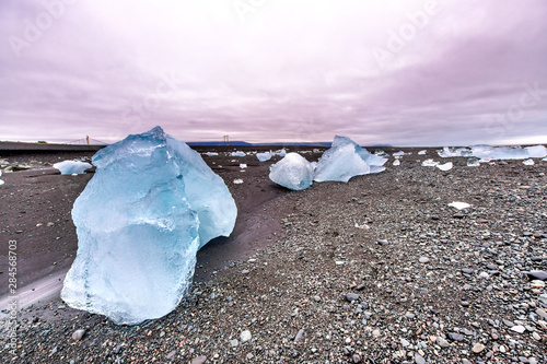 Icebergs in the Jokulsarlon Diamond Beach at sunset, Iceland