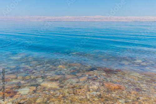 view of the coast of the Dead Sea resort area in Jordan 