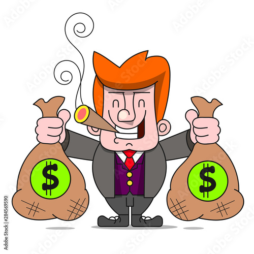 Happy Rich Man With Bags Of Money. A Billionaire Businessman Or The Banker Smiling. Success In Business. Flat Vector