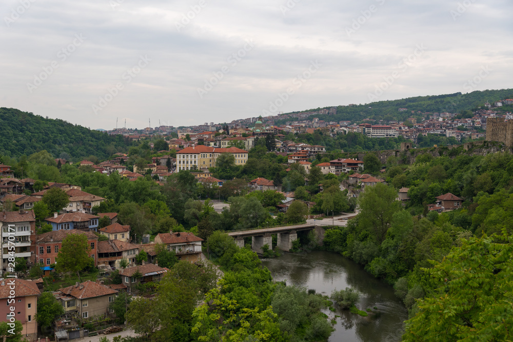 Panoramic view of Veliko Tarnovo old town and bridge over Yantra river. Bulgaria