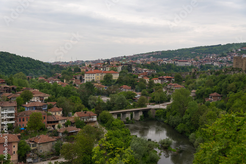 Panoramic view of Veliko Tarnovo old town and bridge over Yantra river. Bulgaria