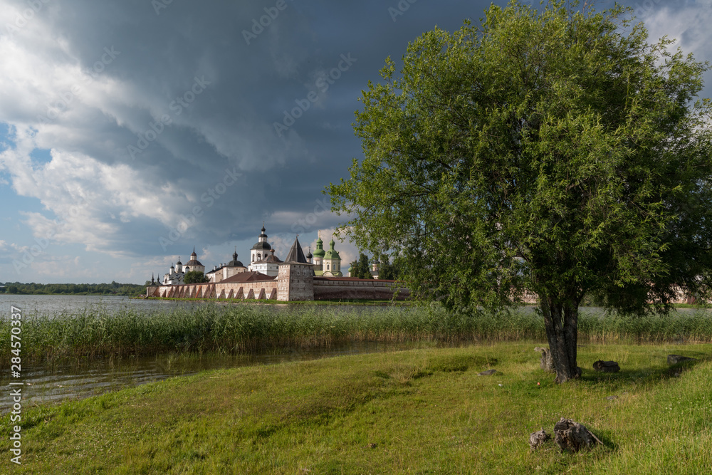 View from lake to Kirillo-Belozersky monastery. Monastery of the Russian Orthodox Church, located within the city of Kirillov, Vologda region.