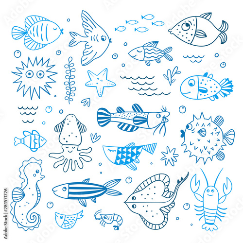 Underwater sea animals vector illustrations. Cute ocean characters for kids  fishes  seaweed  lobster  starfish blue outline doodles
