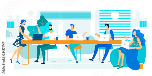 Vector Illustration Coworking Large Long Table.