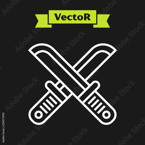 White line Crossed hunter knife icon isolated on black background. Army knife. Vector Illustration