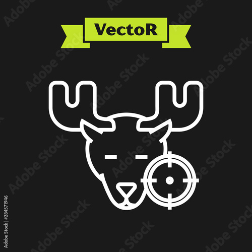 White line Hunt on moose with crosshairs icon isolated on black background. Hunting club logo with moose and target. Rifle lens aiming a moose. Vector Illustration