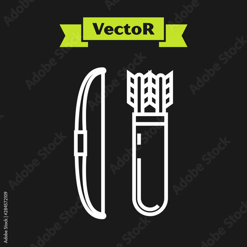 White line Bow and arrow in quiver icon isolated on black background. Vector Illustration