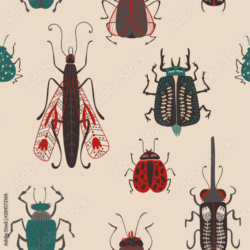 Folk Art Seamless Pattern With Bugs.