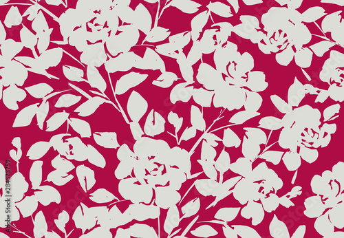 Floral seamless pattern. Silhouettes made of roses and petals. Decorative botanical background with flat large flowers for wallpaper, textiles, fabric, clothes, jacket, souvenirs, wrapper or surface.