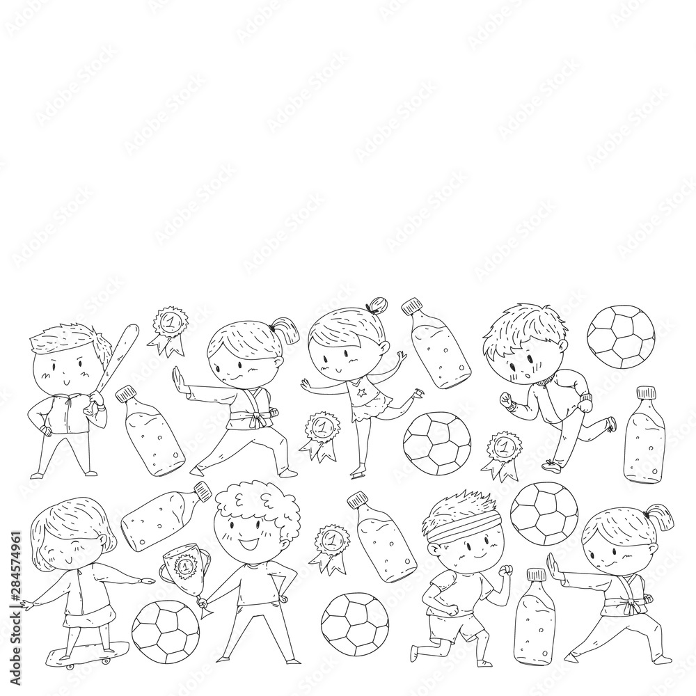 Children and sport. Vector illustration of activities. Football, soccer, running, dancing, martial arts. Health care in school and kindergarten. Children and sport. Vector illustration of activities. Football, soccer, running, dancing, martial arts. Health care in school and kindergarten.