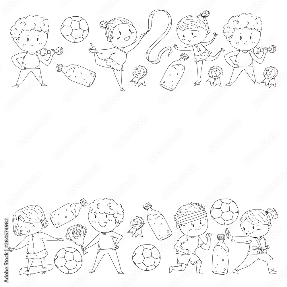 Children and sport. Vector illustration of activities. Football, soccer, running, dancing, martial arts. Health care in school and kindergarten. Children and sport. Vector illustration of activities. Football, soccer, running, dancing, martial arts. Health care in school and kindergarten.