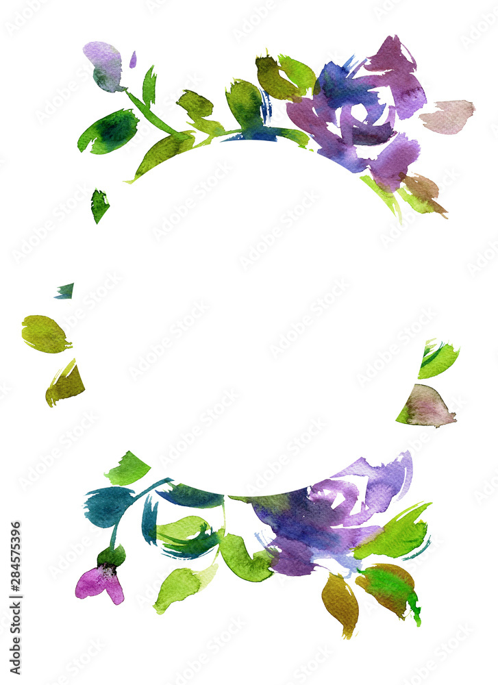 Floral card design. Drawn opulent roses with empty space in the center. Botanical round frame made of flowers isolated on white. Great for postcard, greeting, cards, placing text. Floral card design. Drawn opulent roses with empty space in the center. Botanical round frame made of flowers isolated on white. Great for postcard, greeting, cards, placing text.
