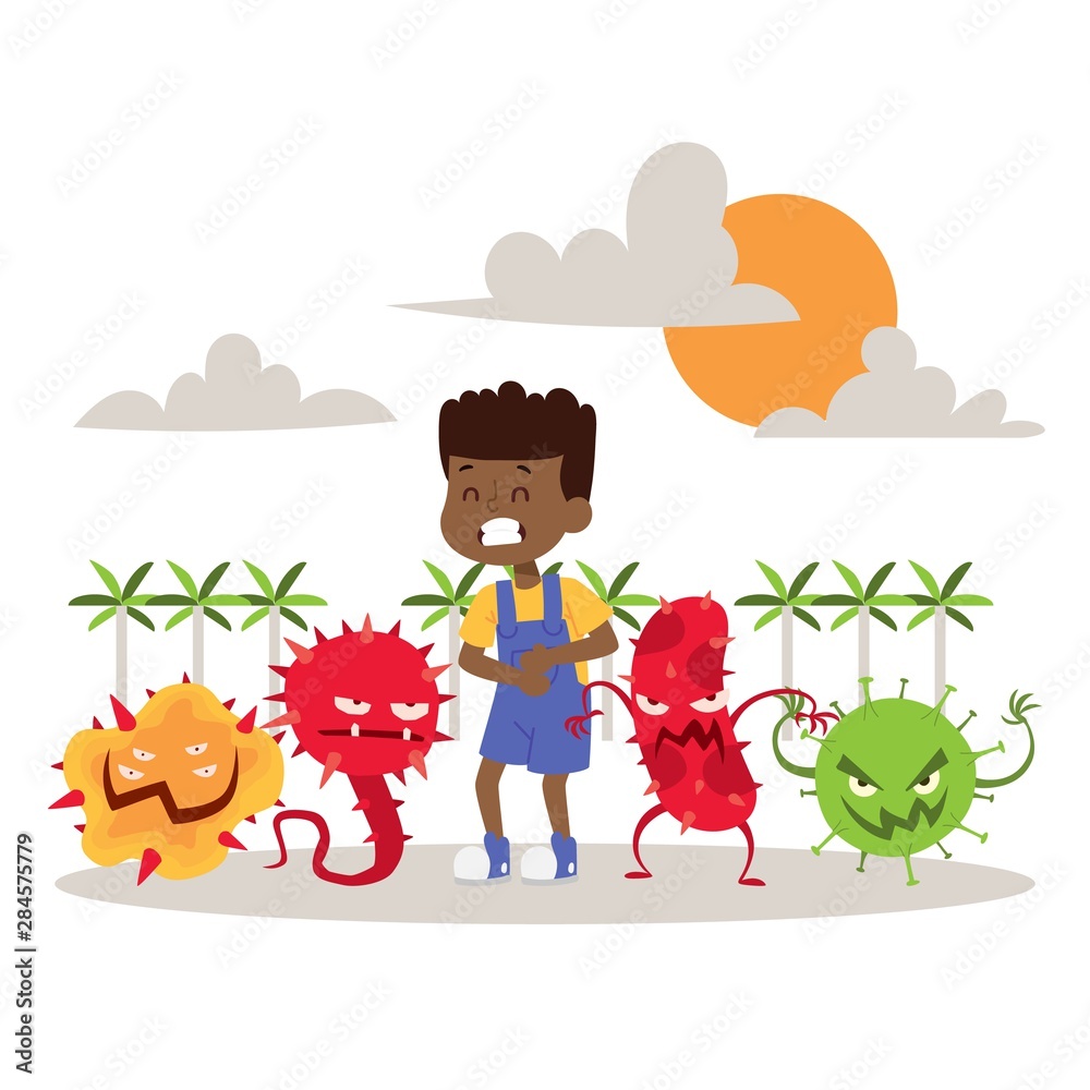 Sick, ill child with microbes banner vector illustration. Cartoon viruses.  Bad microorganisms for children. Bacteria. Monsters with kid. Various  deseases. Hygiene and washing hands. Stock Vector | Adobe Stock