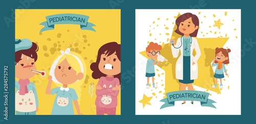 Pediatrician female doctor with ill children set of posters, cards vector illustration. Otorhinolaringologist physician or doctor with equipment. Woman holding stethoscope. Sick kids. photo