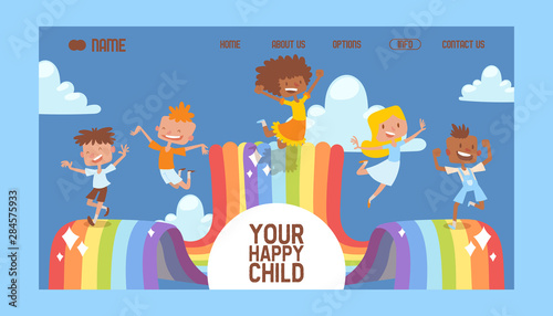 Happy childhood banner website design vector illustration. Multiracial school kids, children. Boys and girls jumping. Funny cartoon characters. Colorful curved rainbow in sky with clouds.