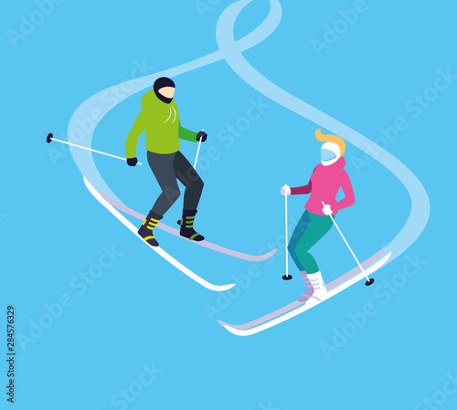 couple practicing ice skiing sport extreme