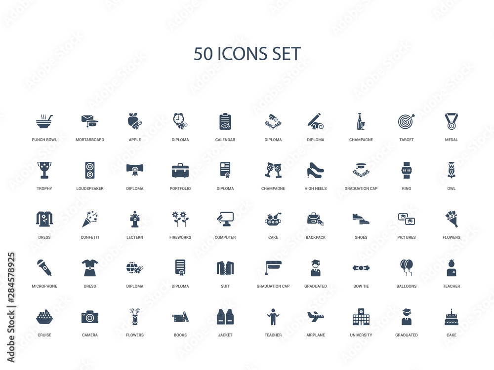 50 filled concept icons such as cake, graduated, university, airplane, teacher, jacket, books,flowers, camera, cruise, teacher, balloons, bow tie 50 filled concept icons such as cake, graduated, university, airplane, teacher, jacket, books,flowers, camera, cruise, teacher, balloons, bow tie