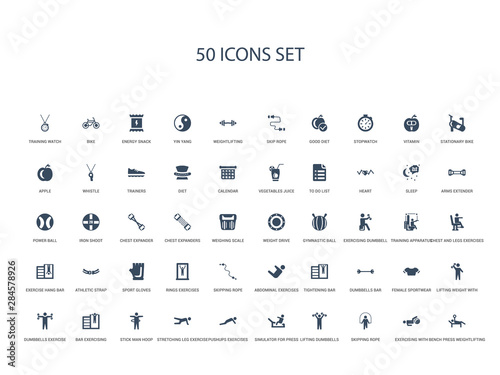 50 filled concept icons such as bench press weightlifting, exercising with gymnastic ball, skipping rope, lifting dumbbells, simulator for press, pushups exercises, stretching leg exercise,stick man