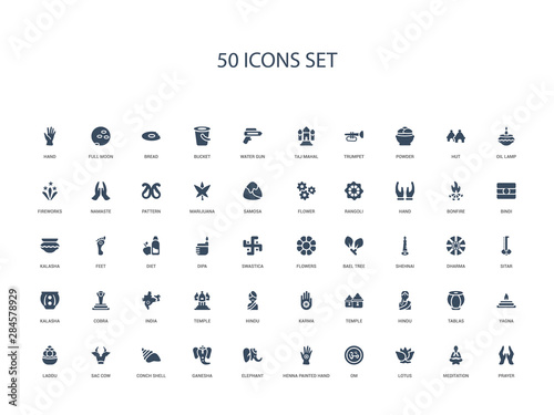 50 filled concept icons such as prayer, meditation, lotus, om, henna painted hand, elephant, ganesha,conch shell, sac cow, laddu, yagna, tablas, hindu