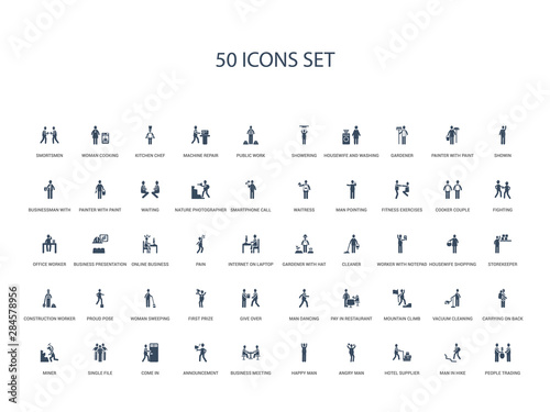 50 filled concept icons such as people trading, man in hike, hotel supplier, angry man, happy man, business meeting, announcement,come in, single file, miner, carrying on back, vacuum cleaning,