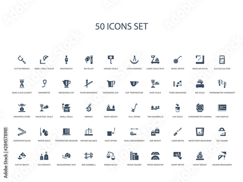 50 filled concept icons such as square measument, heavy weight, heart meter, speed indicator, resize square, roman scale, one dumbbell,measureming tape, old weights, cup of water, set square, water