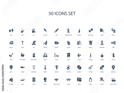 50 filled concept icons such as magic trick, wand, rings, book, card, magic lamp, ball,tarot, dust, pyramid, esoteric, smoke, fetters