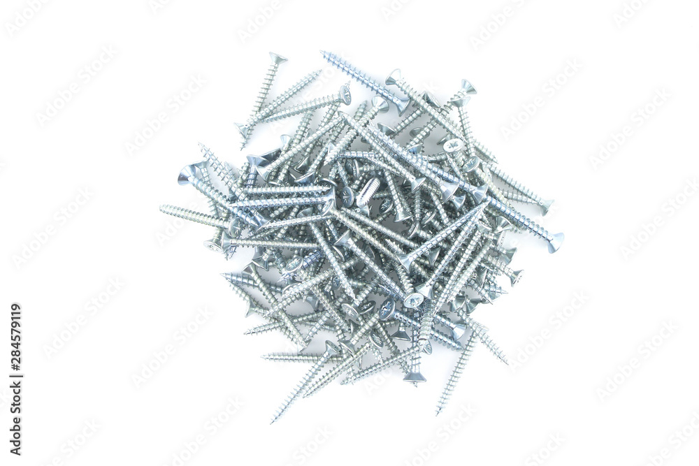 Metal screws isolated on white background.