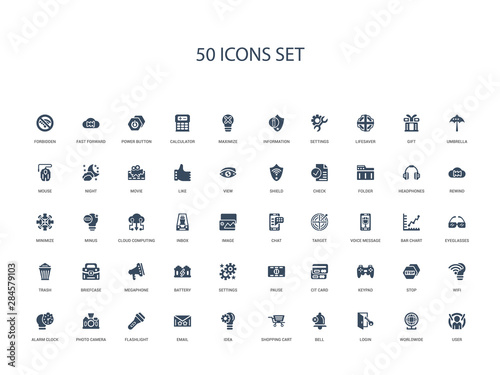 50 filled concept icons such as user, worldwide, login, bell, shopping cart, idea, email,flashlight, photo camera, alarm clock, wifi, stop, keypad