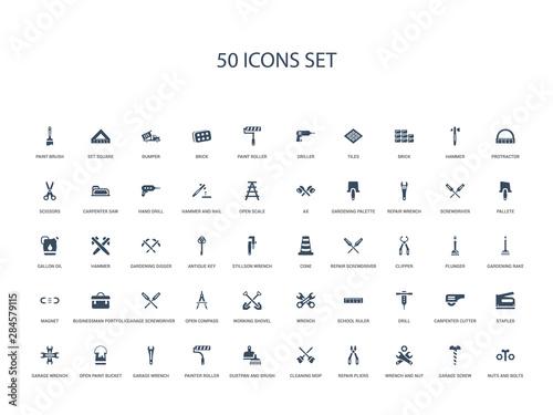50 filled concept icons such as nuts and bolts, garage screw, wrench and nut, repair pliers, cleaning mop, dustpan and brush, painter roller,garage wrench, open paint bucket, garage wrench, stapler,