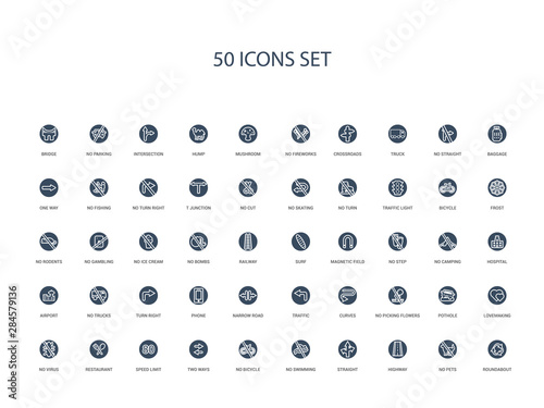 50 filled concept icons such as roundabout, no pets, highway, straight, no swimming, no bicycle, two ways,speed limit, restaurant, virus, lovemaking, pothole, picking flowers