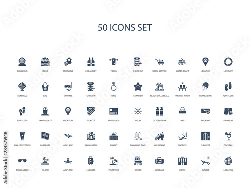 50 filled concept icons such as location, sunbed, hotel, luggage, cruise, palm tree, luggage,airplane, island, sunglasses, cocktail, elevator, snorkel