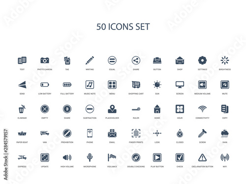 50 filled concept icons such as wifi, exclamation button, check, play button, double checking, vigilance, microphone,high volume, update, express, rain, screw, closed