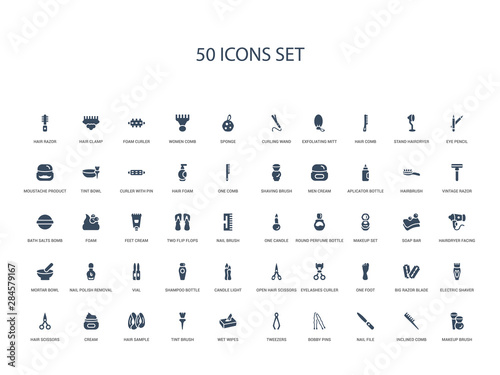 50 filled concept icons such as makeup brush, inclined comb, nail file, bobby pins, tweezers, wet wipes, tint brush,hair sample, cream, hair scissors, electric shaver, big razor blade, one foot