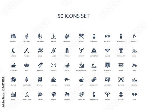 50 filled concept icons such as gym, cooking, singing, warming up, travelling, swimming, bowling,rafting, hockey stick, hiking, pedestal, cleaning, disc jockey