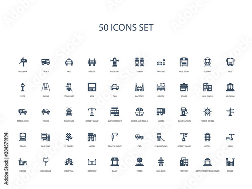 50 filled concept icons such as fence, government buildings, factory, building, trees, bank, gateway,hospital, billboard, house, park, hotel, street lamp