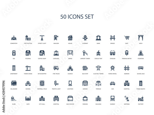 50 filled concept icons such as factory, antenna, subway, building, parking, gas station, hospital,city hall, gate, slide, phone booth, hospital, car