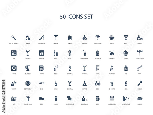 50 filled concept icons such as cheers, wine tasting, wine barrel, beer, bartender, wine tasting, shaker,cork, orange juice, bar, opener, beer, ice coffee