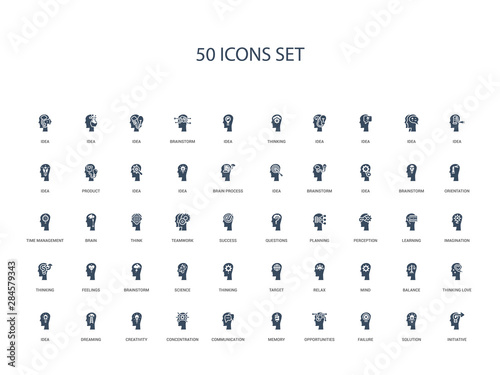 50 filled concept icons such as initiative, solution, failure, opportunities, memory, communication, concentration,creativity, dreaming, idea, thinking love, balance, mind