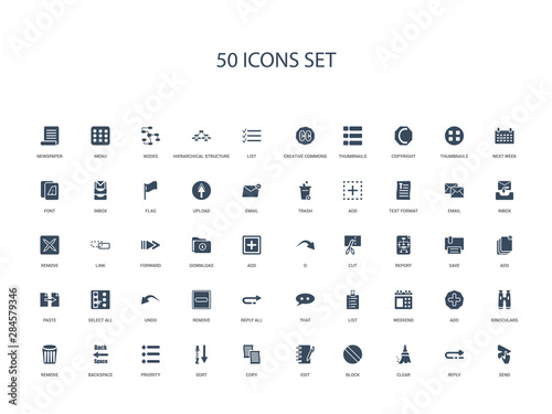 50 filled concept icons such as send, reply, clear, block, edit, copy, sort,priority, backspace, remove, binoculars, add, weekend