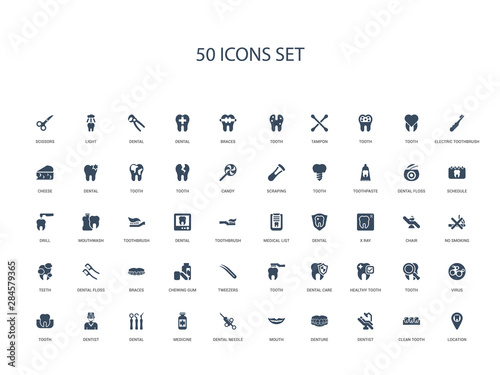 50 filled concept icons such as location, clean tooth, dentist, denture, mouth, dental needle, medicine,dental, dentist, tooth, virus, tooth, healthy