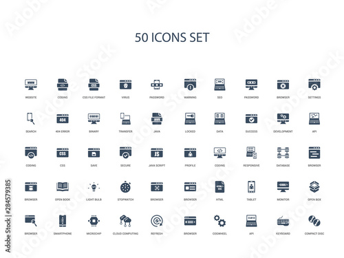 50 filled concept icons such as compact disc, keyboard, api, cogwheel, browser, refresh, cloud computing,microchip, smartphone, browser, open box, monitor, tablet