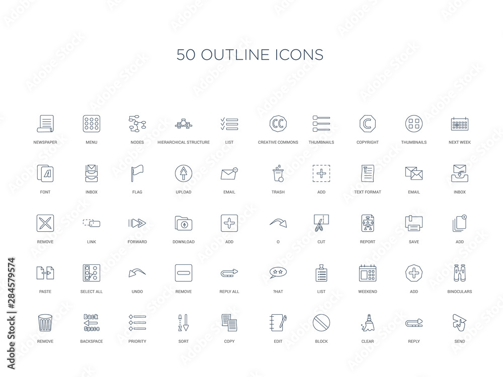 50 outline concept icons such as send, reply, clear, block, edit, copy, sort,priority, backspace, remove, binoculars, add, weekend