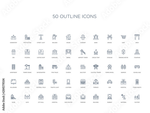 50 outline concept icons such as factory, antenna, subway, building, parking, gas station, hospital,city hall, gate, slide, phone booth, hospital, car