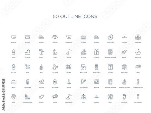50 outline concept icons such as toothbrush, cleaning, toilet, hanger, dry, hand wash, wash,gloves, housekeeping, soap, cleaning spray, washing clothes, washing machine