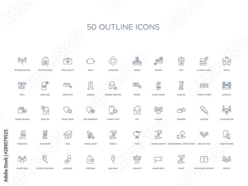 50 outline concept icons such as people, voluntary service, heart, awareness, equality, ballons, freedom,medicine, blood donation, happy kids, smartphone, smiley face, enviromental protection