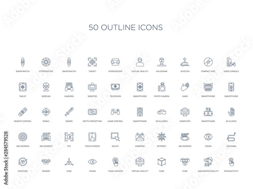 50 outline concept icons such as interactivity, augmented reality, cube, cube, virtual reality, touch screen, vision,cube, sensor, rotation, tracking, vision, 360 degrees